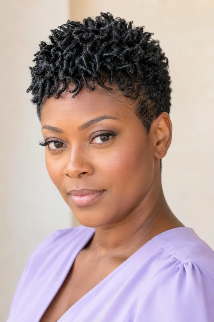 Modern textured pixie haircut with tapered sides and piecey curls on a Black woman, photographed in bright natural light against a soft ivory background with a light lavender blouse.