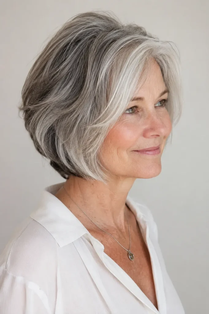 Textured salt and pepper bob haircut on a mature woman with soft layers, natural gray tones, and glossy voluminous hair.