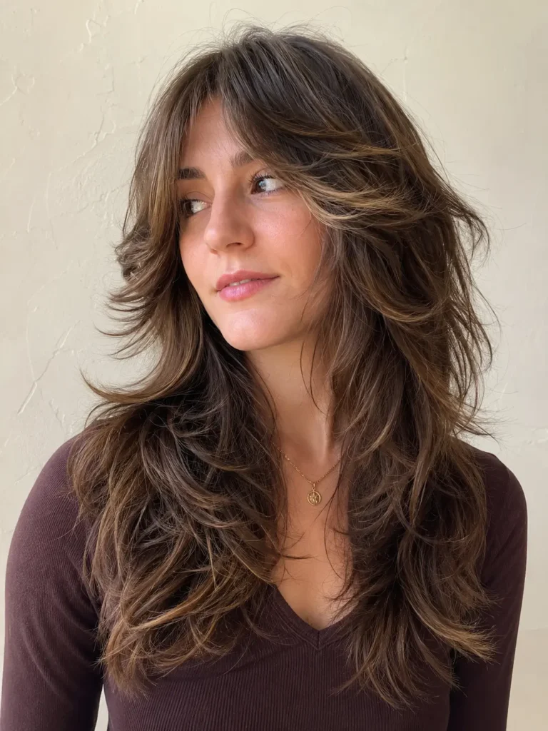 a woman with a textured wolf cut and airy curtain bangs, featuring feathered layers, natural volume, and glossy healthy hair in bright daylight against a soft cream background.