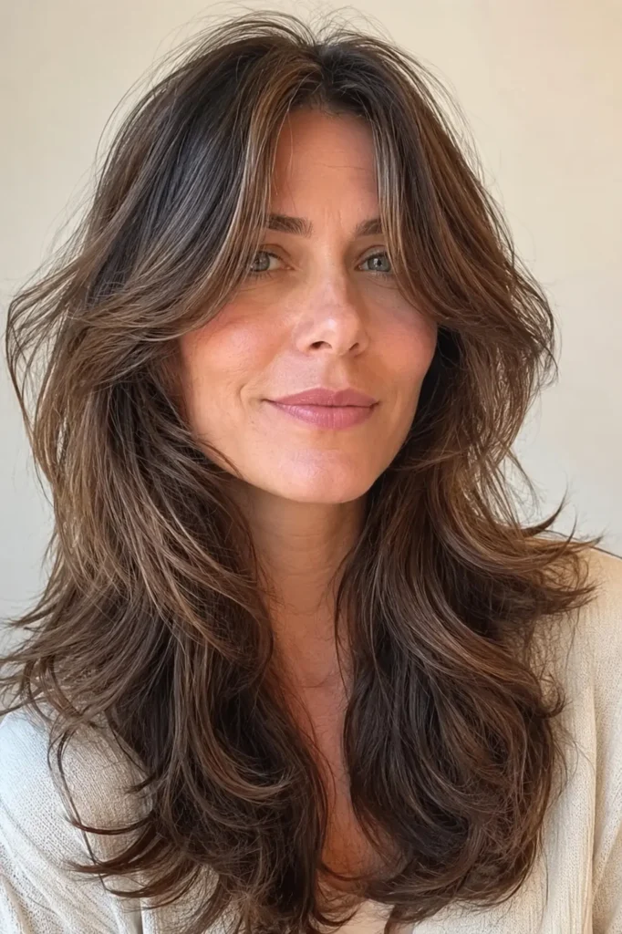 woman with a thick layered wolf cut and flowing curtain bangs, featuring voluminous feathered layers and glossy, healthy hair in bright natural daylight against a soft ivory background.