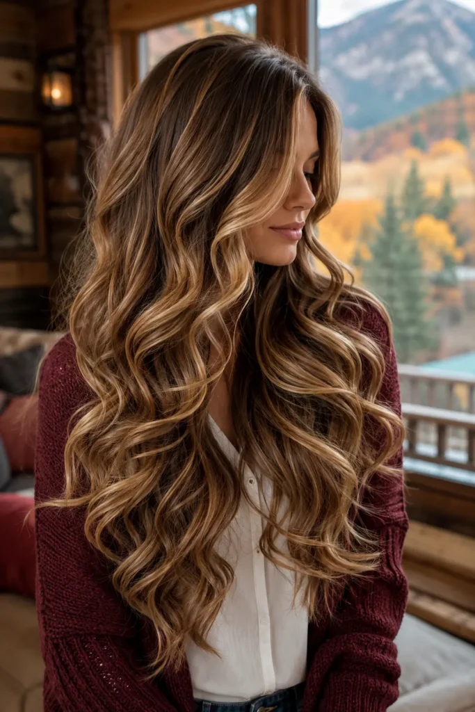 A woman with very long toasted caramel hair in cascading curls wears a burgundy knitted cardigan over a white blouse, posing inside a cozy mountain chalet with a large window overlooking softly blurred autumn scenery.