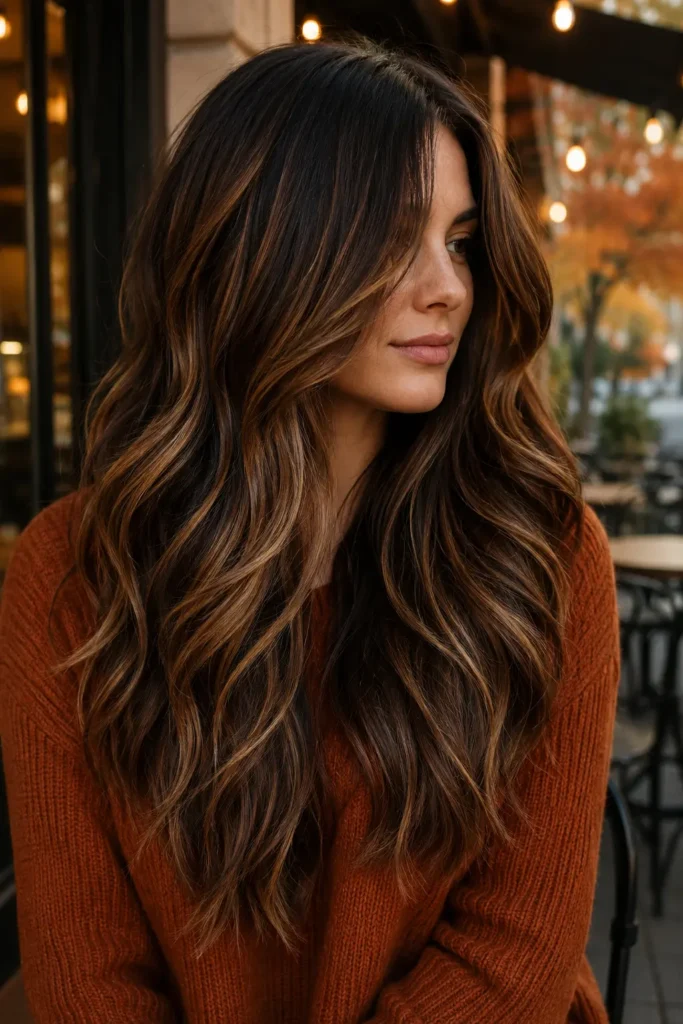 Long dark brunette mermaid waves with creamy caramel and golden toffee highlights, worn with a burnt-orange sweater at a cozy autumn café patio.