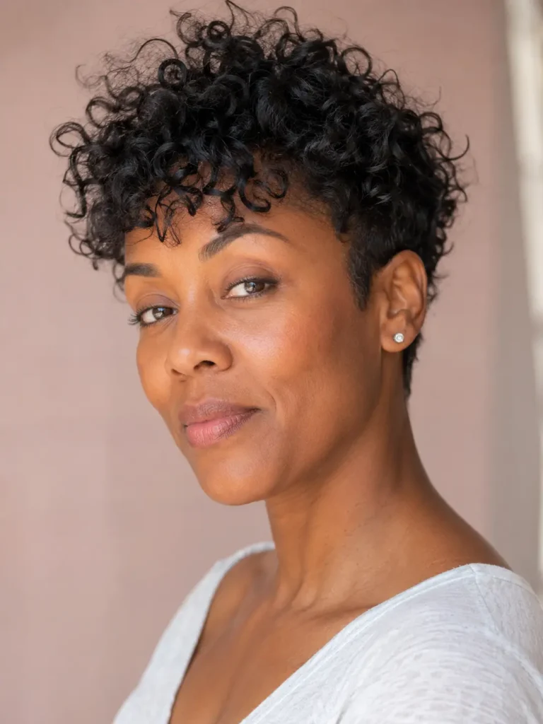 Black British woman with a tousled curly pixie haircut, featuring soft springy curls on the crown, subtly tapered sides and nape, airy volume, natural frizz, and healthy shine, captured in bright window light against a pale blush background.