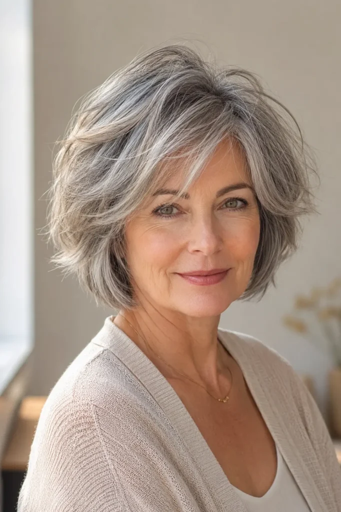 portrait of a mature English woman with a tousled gray bob hairstyle, soft textured layers, natural silver tones, and elegant volume in bright daylight.