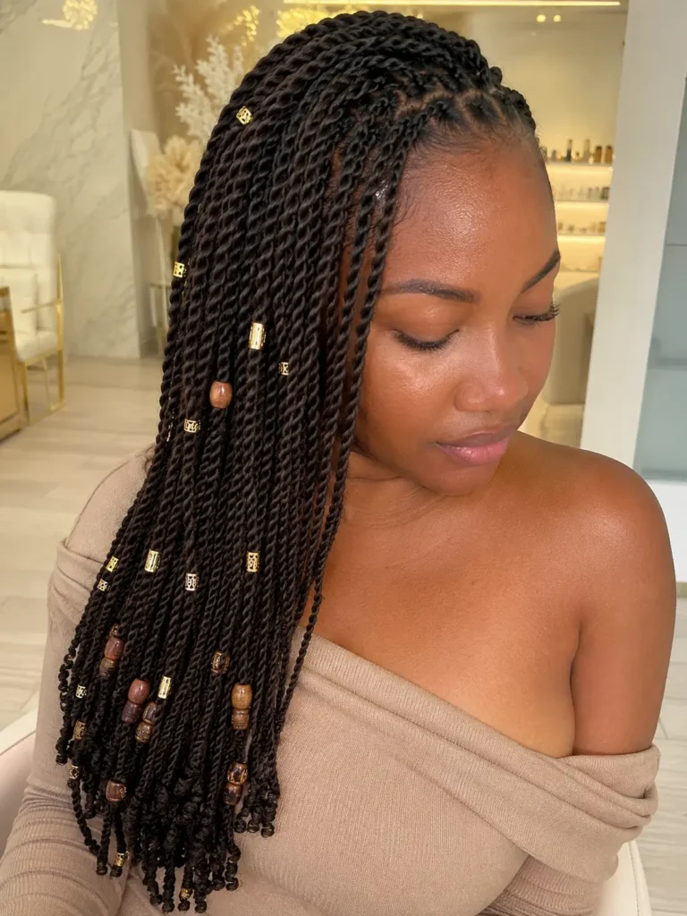 a Black woman with elegant espresso-brown twist braids adorned with subtle gold and wooden beads, wearing a stylish beige off-shoulder dress in a bright ivory luxury beauty salon