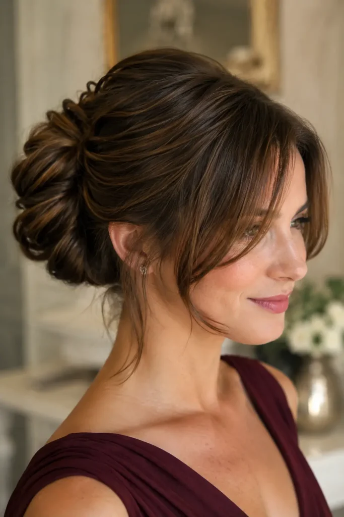 woman with glossy medium brown hair styled in an elegant twisted bun and soft curtain bangs, wearing a wine-colored dress in a luxurious indoor setting