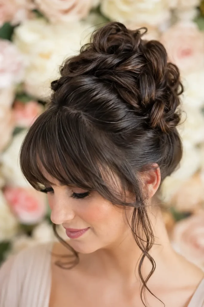 woman with glossy dark brunette hair styled in an elegant twisted crown bun and soft feathered bangs. Captured in bright natural daylight, the hairstyle fills the frame against a luxurious blurred floral background,