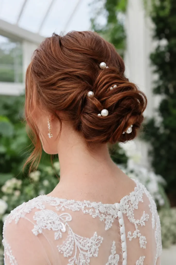 back view of a bride with rich auburn hair styled in a twisted low bridal bun adorned with elegant pearl pins, wearing an illusion-neck embroidered wedding gown in a bright glass conservatory filled with lush greenery.