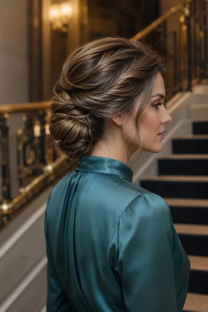 Photorealistic three-quarter portrait of a white woman with an elegant twisted low chignon featuring polished overlapping twists at the nape and a smooth side part, wearing a soft teal satin high-neck blouse in front of a luxurious boutique hotel staircase with warm blurred lighting.