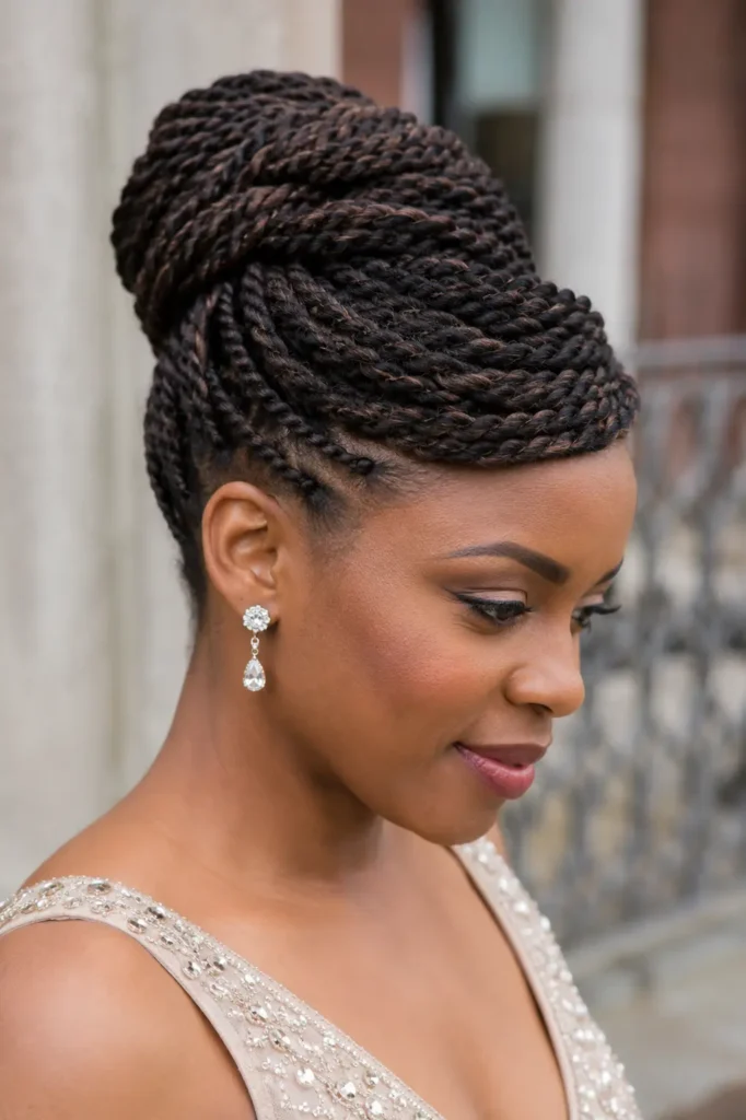 a Black woman wearing an elegant twisted updo created from glossy dark brunette twist braids, paired with a champagne evening dress.