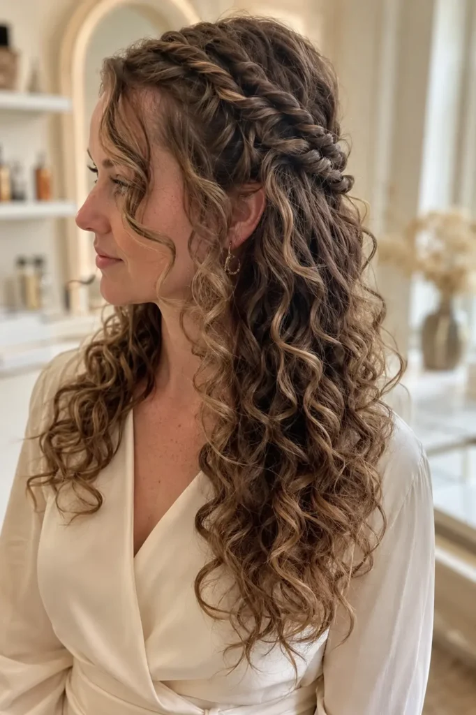 woman wearing a stylish ivory wrap blouse with a Twisted Waterfall Curly Style featuring soft rope twists flowing into long