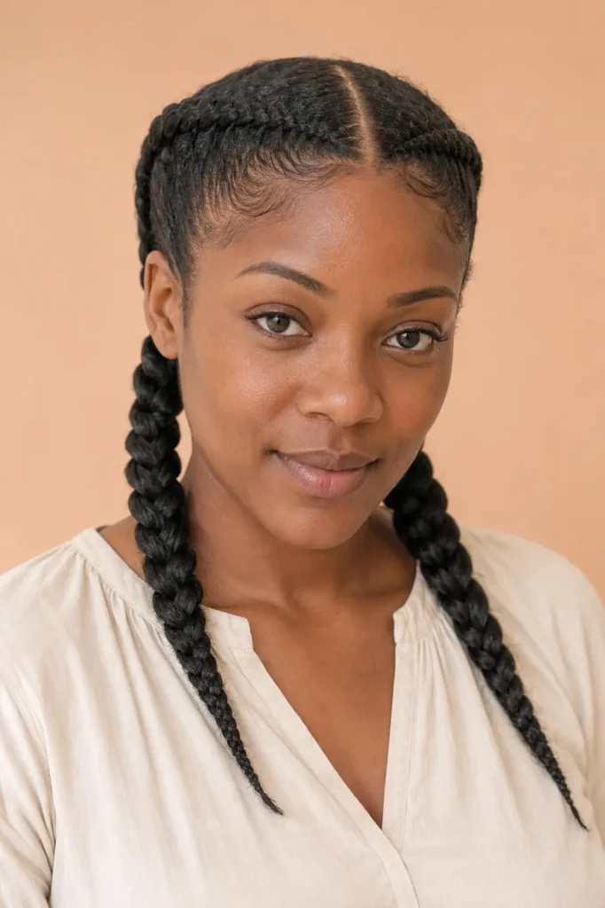 woman wearing two thick center-parted cornrow braids that extend into medium-length plaits over her shoulders, photographed in bright daylight against a soft peach background with an ivory blouse.
