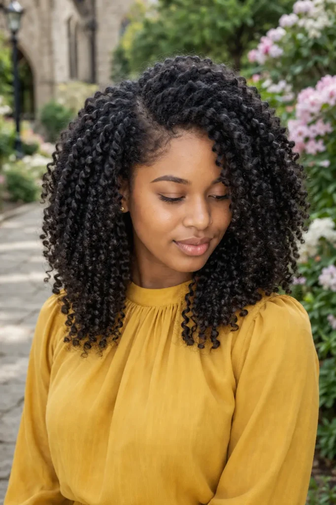 Voluminous twist-out hairstyle with defined fluffy natural coils and a soft side part on a real Black woman wearing a mustard-yellow blouse in a peaceful university garden.