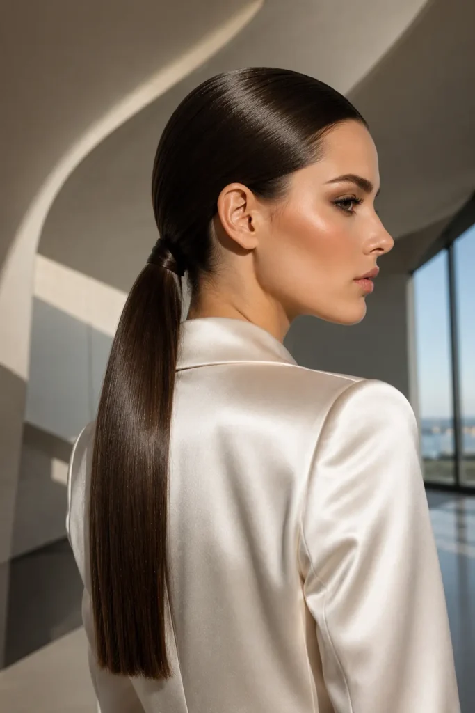 Ultra-sleek glossy low ponytail on a real white woman wearing an ivory satin blazer, photographed in a modern architectural interior with soft natural light, highlighting smooth, polished hair in a luxury beauty editorial portrait.