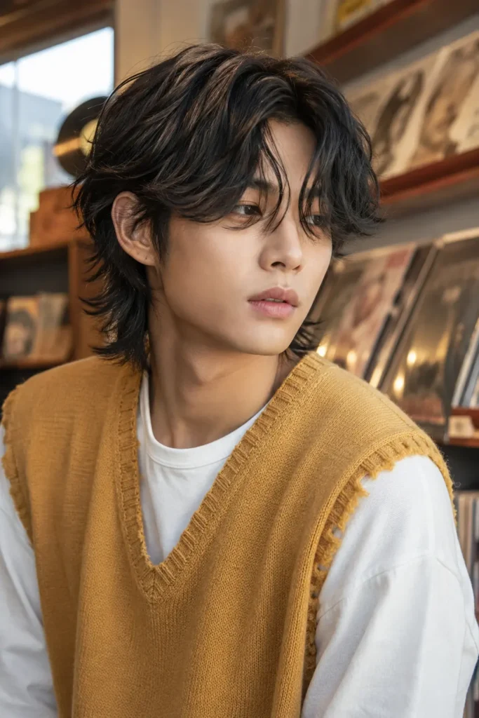 Young man with a V-inspired Korean curtain shag haircut, featuring layered black hair and a centre-parted fringe, wearing a mustard knit vest in a warmly lit retro record store.