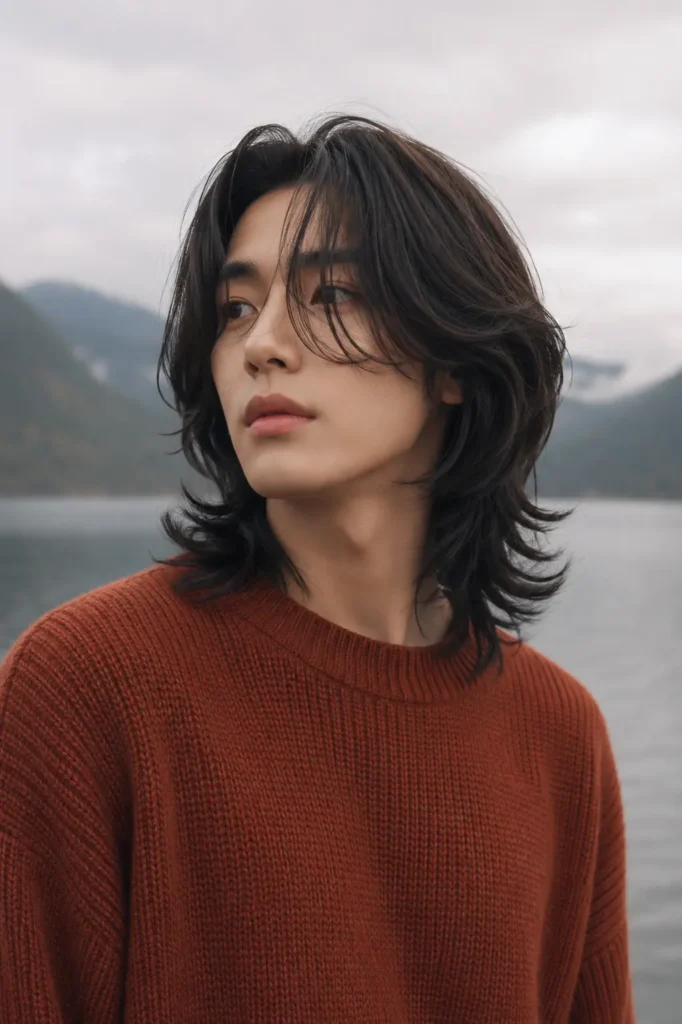Young man with long layered dark chestnut Korean-style hair and soft waves, wearing a rust knit sweater by a misty mountain lake in natural overcast light.