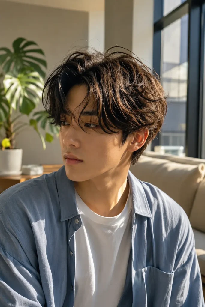 a young man with a V-inspired tousled curtain bang hairstyle featuring medium-length dark brown hair, a relaxed centre-parted fringe, and airy, naturally messy layers. He wears a dusty-blue overshirt over a white crew-neck top