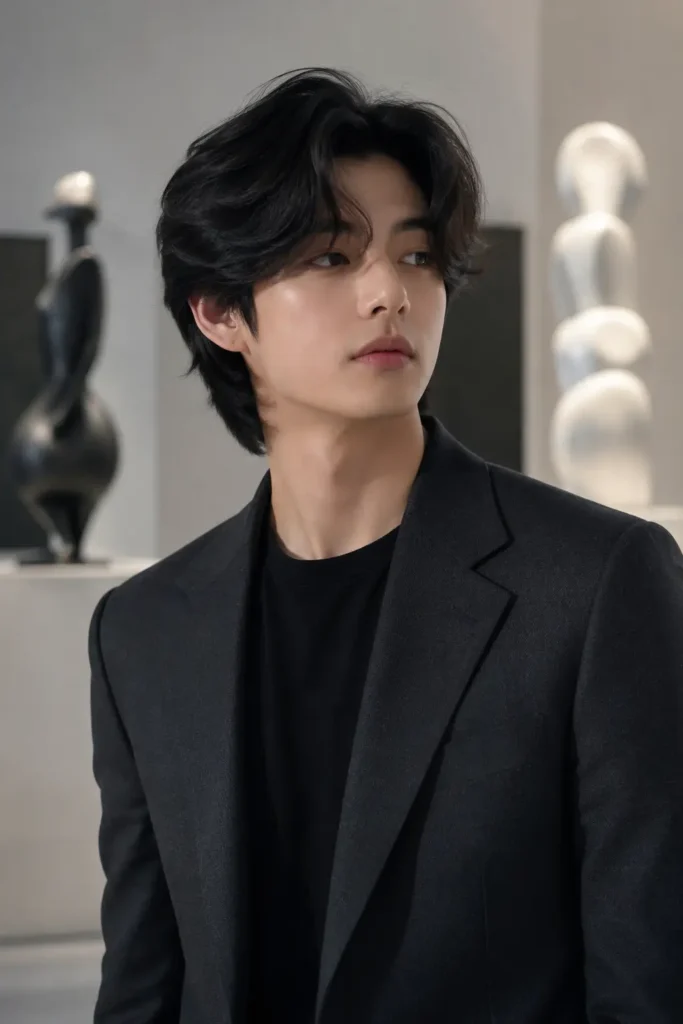 young man with a V-inspired K-pop hairstyle featuring medium-long dark wavy layered hair, wearing a charcoal blazer over a black crew-neck shirt in a modern art gallery with soft lighting, hairstyle as the main focus.