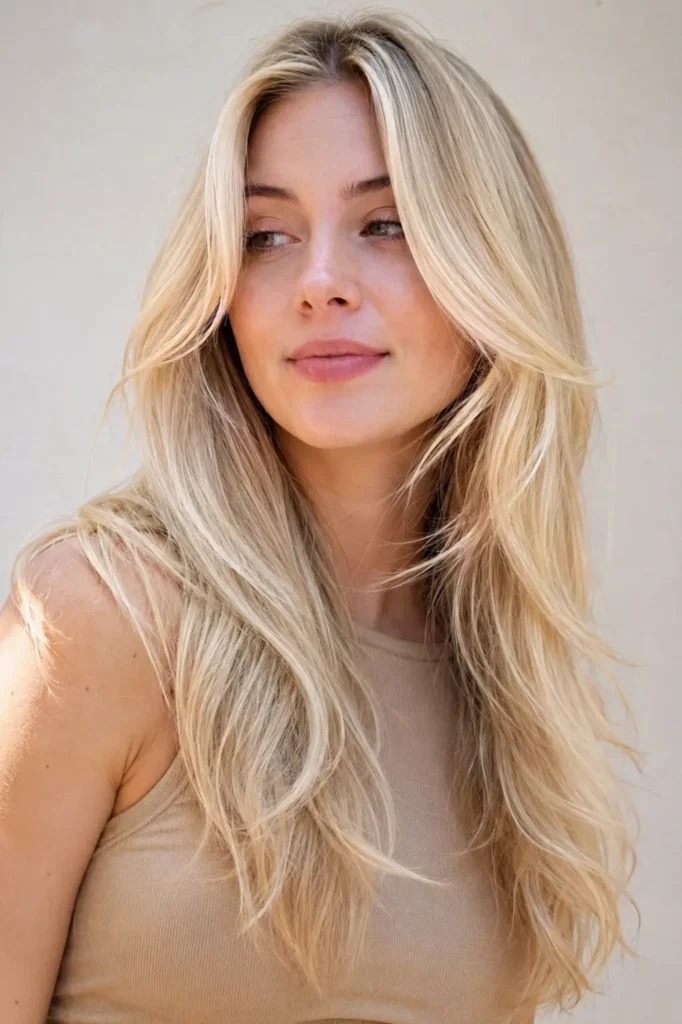 a woman with vanilla blonde hair tint, featuring creamy blonde tones, soft flowing layers, natural waves, silky texture