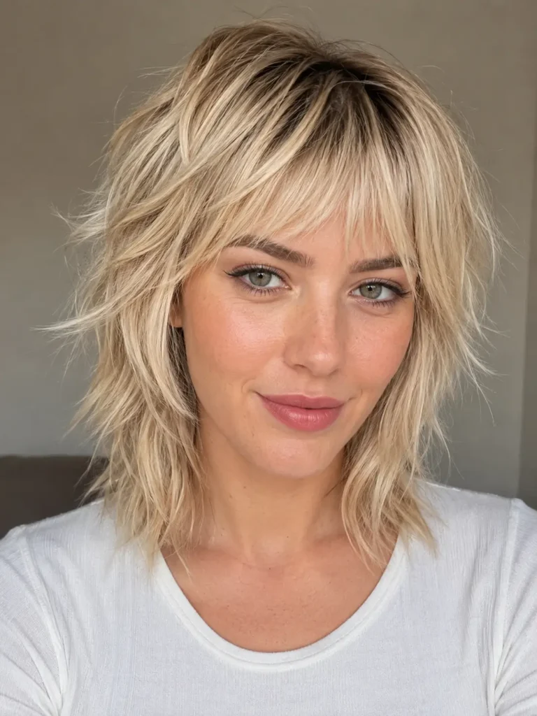 woman with a vanilla blonde short wolf cut, textured bangs, choppy feathered layers, and glossy voluminous hair in natural light.