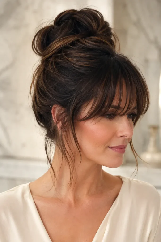 woman with rich brunette hair styled in a voluminous bun and soft bottleneck bangs, photographed in bright natural daylight against an elegant cream luxury background,