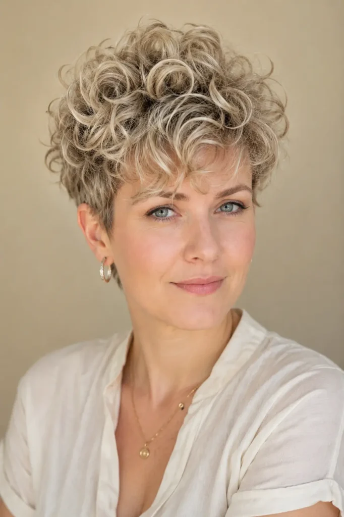 an English woman with a voluminous curly pixie hairstyle, featuring light blonde curls, short textured layers, natural height, glossy shine, soft beige background, and elegant hairstyle-focused photography.