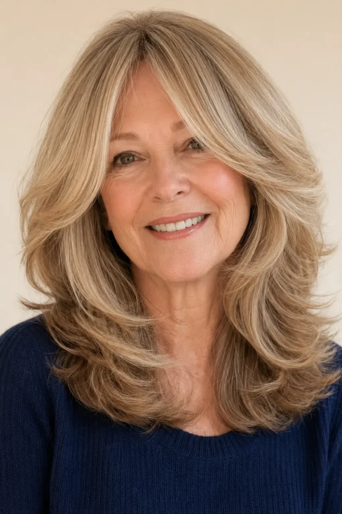 a 56–70-year-old English woman with a voluminous layered blowout, showcasing silky, glossy hair with natural lift and movement, wearing a navy knit sweater against a warm cream background in bright natural daylight.