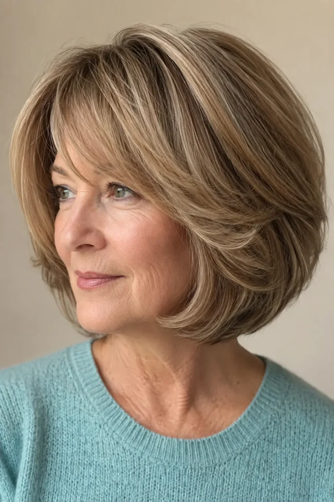 a mature English woman with a voluminous layered bob and soft side bangs, featuring glossy, healthy hair with natural movement. She wears a light teal knit sweater against a soft beige background in bright natural daylight.