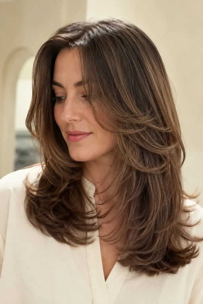 woman with a medium butterfly haircut styled in a voluminous salon blowout, featuring soft feathered layers, a lifted crown, and glossy flowing brown hair. She wears an ivory blouse against a warm cream background in bright natural daylight, with realistic skin texture and natural makeup, emphasizing the hairstyle.