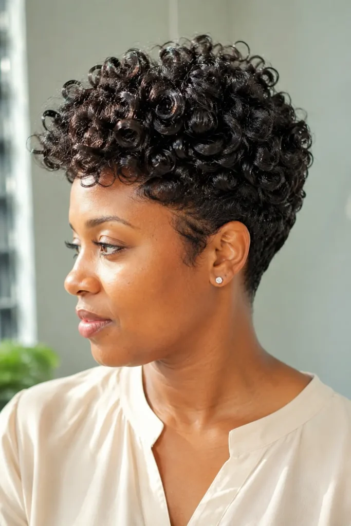 Voluminous curly-top pixie haircut with defined natural curls, tapered sides, and a neat nape on a Black British woman, captured in a bright salon-style portrait with a pale sage background.
