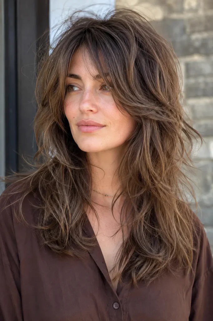 a woman with a voluminous wolf cut and soft curtain bangs, wearing a brown blouse outdoors in bright natural daylight