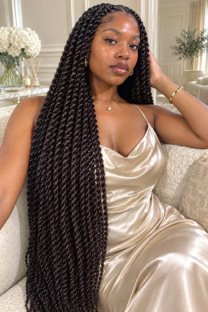 a Black woman wearing waist-length dark chocolate brown twist braids with a glossy finish, styled in a champagne satin dress against a luxurious cream indoor background in bright natural daylight.