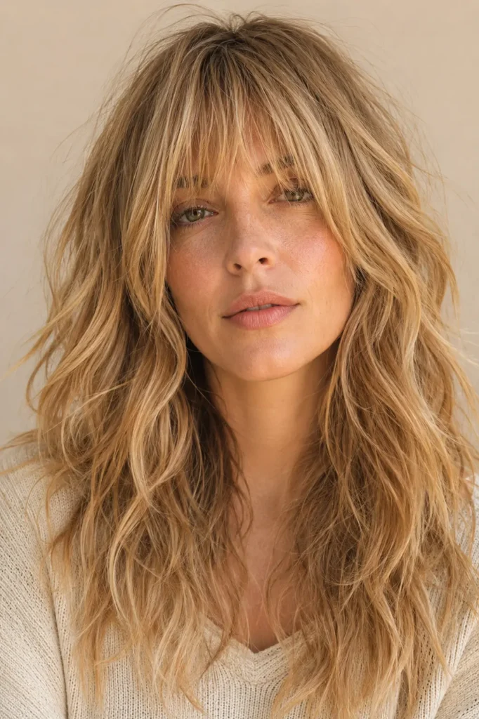 a woman with a warm blonde wolf cut, messy bangs, tousled feathered layers, natural volume, and glossy textured hair in soft daylight.