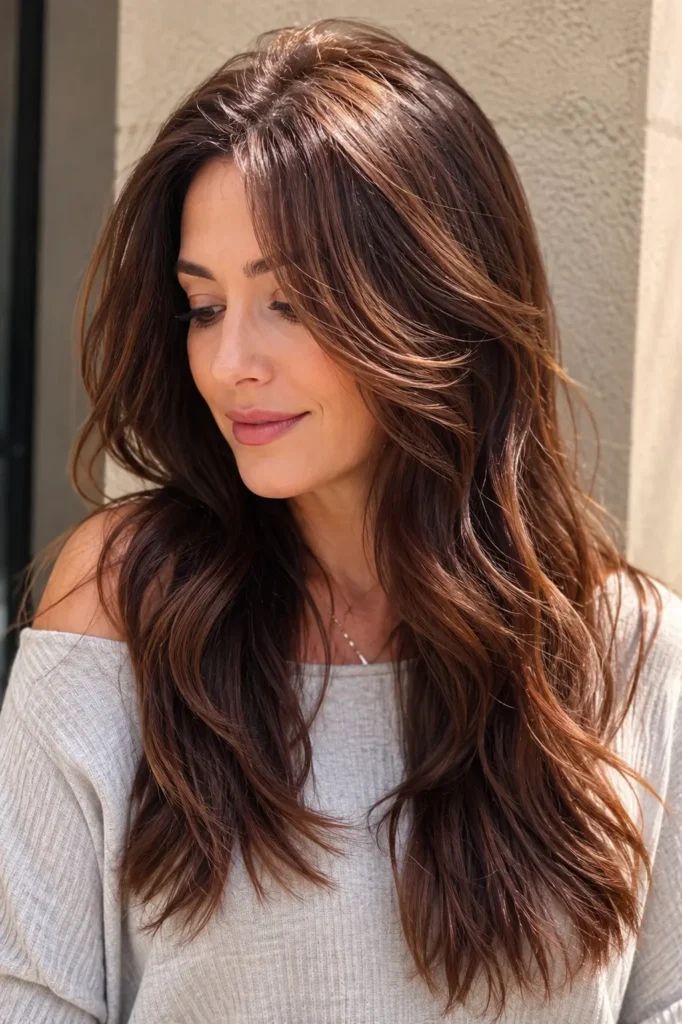 woman with warm chestnut brown hair tint, featuring long layered waves, golden reflections, glossy shine, and natural volume in a bright outdoor DSLR hairstyle portrait.