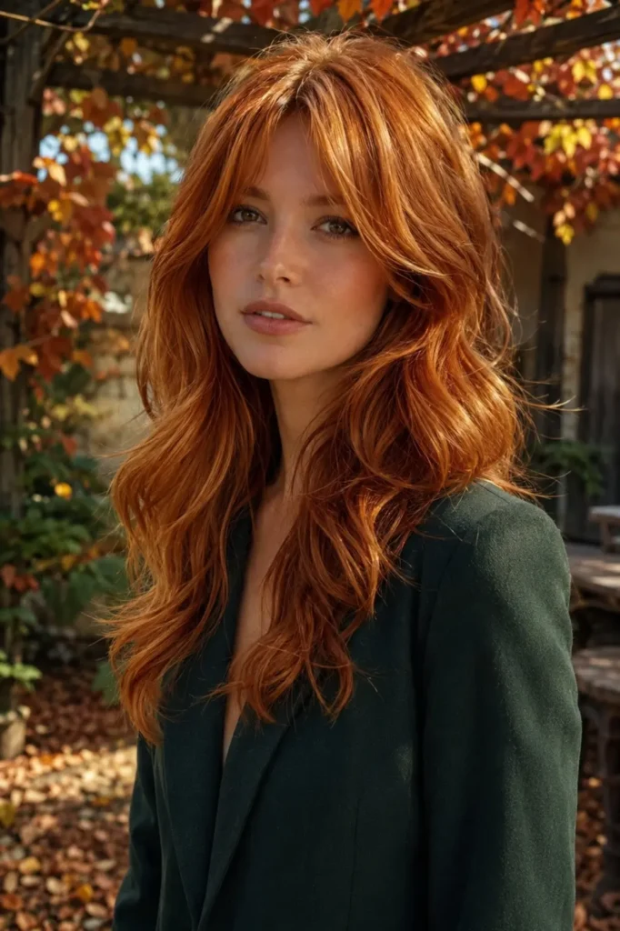 a white woman with vivid warm copper hair in voluminous loose waves and airy curtain bangs, wearing a dark forest-green blazer in a rustic autumn garden with soft golden sunlight.