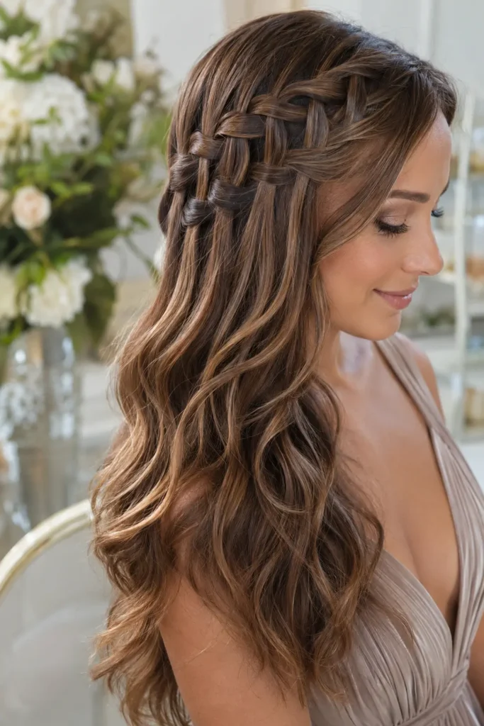 woman wearing an elegant waterfall braid with soft flowing waves in glossy honey brunette hair, dressed in a stylish champagne dress against a bright ivory floral indoor background.