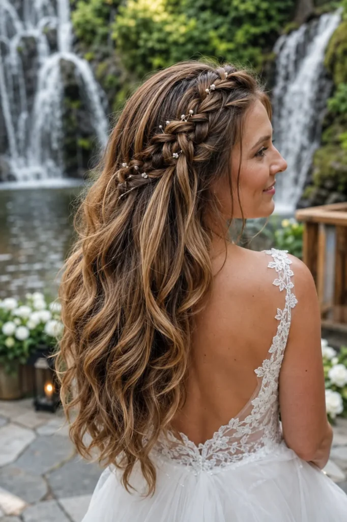 bride with long golden brunette hair styled in a waterfall braid flowing into soft bridal waves, accented with tiny pearls, wearing a lace-strap tulle wedding gown at a lush waterfall wedding venue in bright natural daylight.