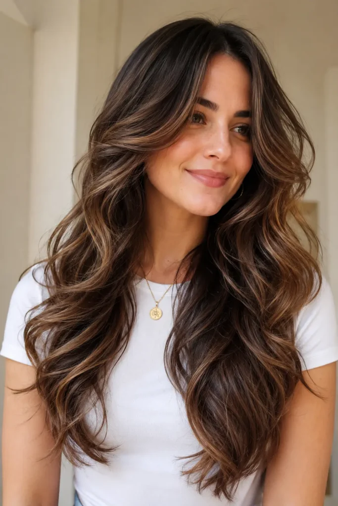 woman with long, thick naturally wavy hair styled in elegant Waterfall Layers. Cascading layers flow smoothly from the crown to the ends, creating graceful movement and glossy, defined waves. She wears a simple white T-shirt with delicate gold jewelry,