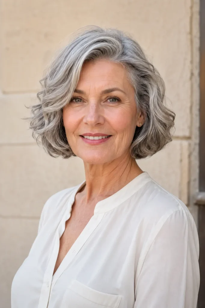Wavy gray bob haircut on a mature English woman with soft silver layers, natural volume, and elegant hairstyle texture in daylight portrait.