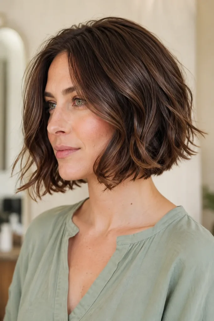 woman with a softly wavy Italian bob haircut in glossy chestnut-brown hair, wearing a sage-green blouse against a warm cream salon background in bright natural daylight.