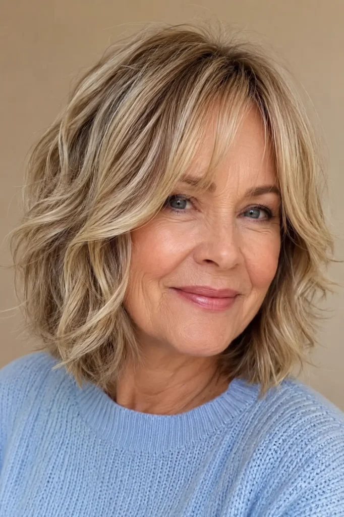 A woman with a softly wavy layered bob and curtain bangs. Her healthy, silky hair has natural shine, dimensional layers, and soft movement in bright daylight. She wears a light blue knit sweater against a warm beige background, with the hairstyle as the main focus and authentic mature skin texture visible.