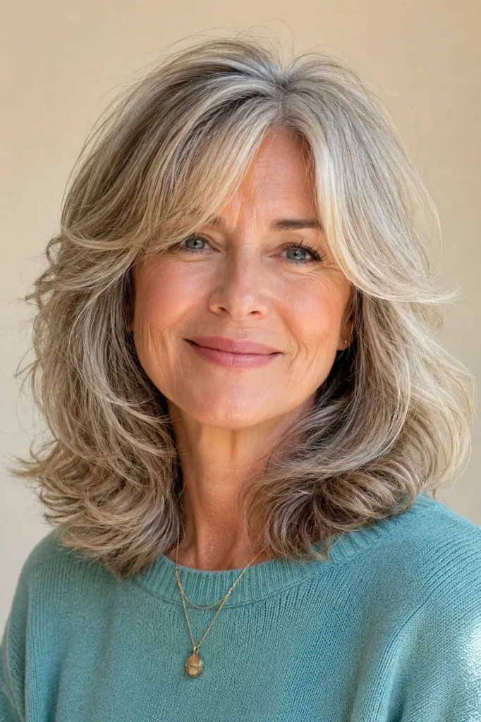 an English woman aged 55–70 with medium-length layered hair styled in soft natural waves, glossy salon-quality shine, authentic mature skin, a light teal sweater, and a warm cream background in bright natural daylight.