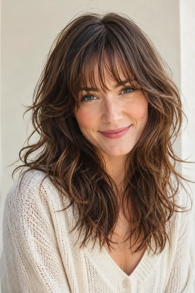 woman with a wavy wolf cut for thin hair, featuring airy bangs, soft layered volume, natural movement, and glossy healthy hair against a cream background in bright daylight.