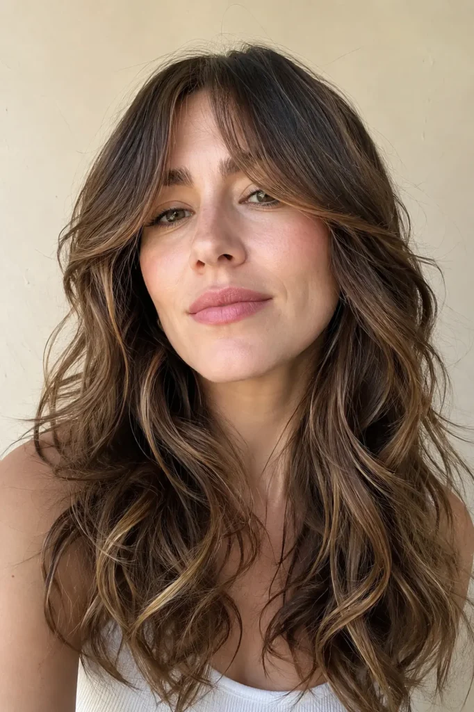 a 24–37-year-old English woman with a glossy wavy wolf cut and long curtain bangs, featuring soft layered waves, healthy shine, and natural movement in bright daylight against a minimal ivory background.