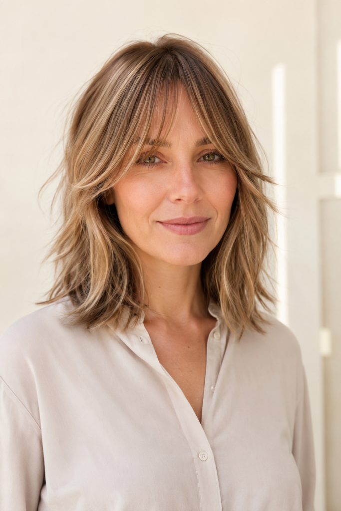 woman with a wispy fringe and shoulder-length layered hair, photographed in bright natural light against a cream background with a soft beige blouse.
