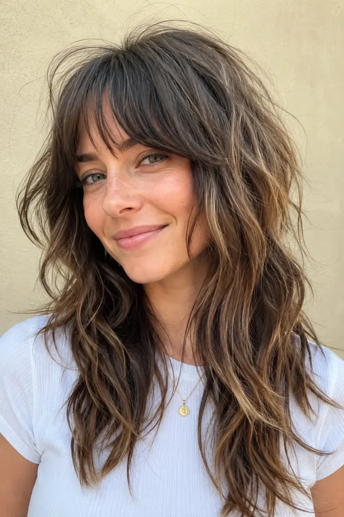 a 24–38-year-old English woman with a wavy wolf cut for fine hair, featuring soft shag bangs, airy layered waves, and glossy healthy shine against a cream background in bright natural daylight.