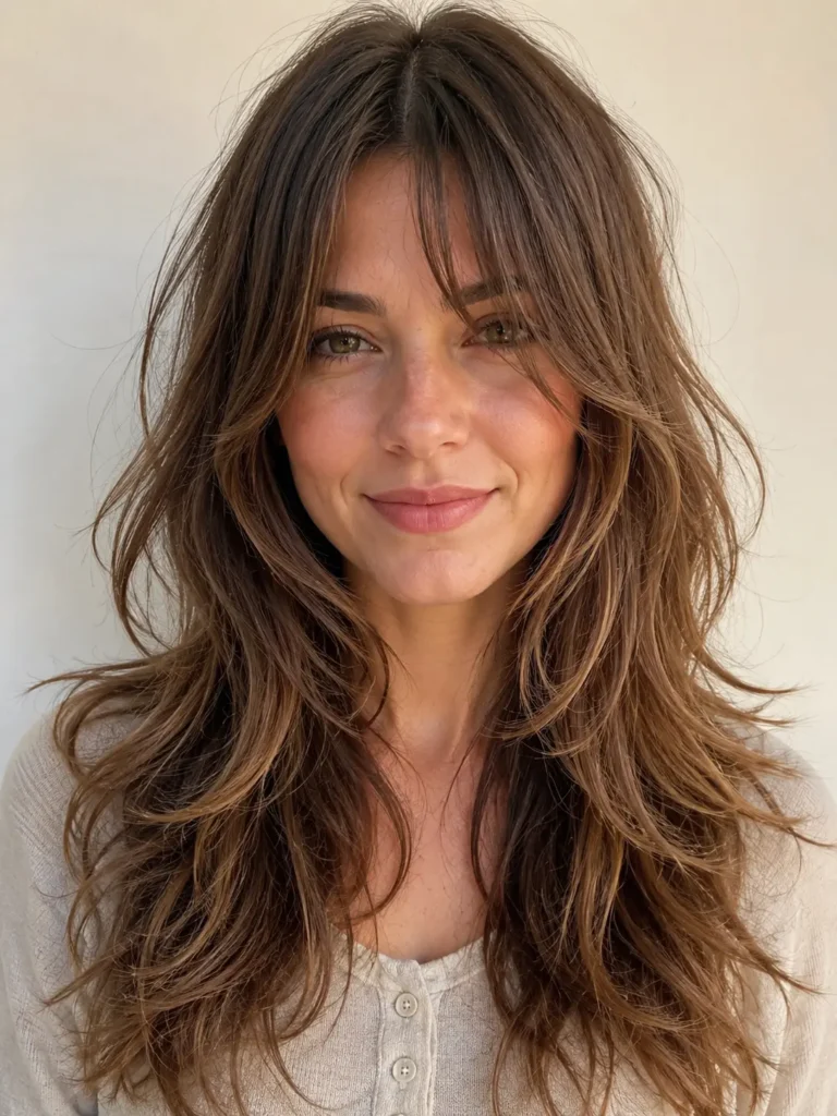 a woman with a straight wavy wolf cut and soft layered bangs, featuring silky textured hair with loose waves, glossy shine, and natural movement in bright daylight against a neutral ivory background.