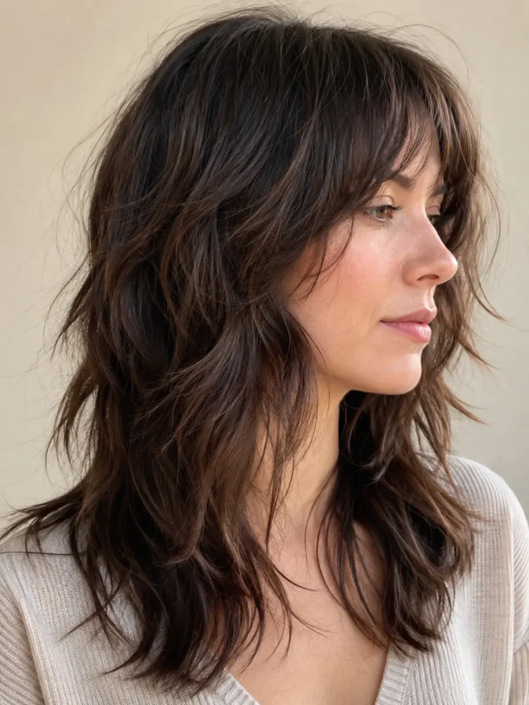 an English woman with a wavy wolf cut for thin hair, featuring soft layered bangs, feathered volume, and healthy shiny hair against a neutral beige background in bright natural daylight.