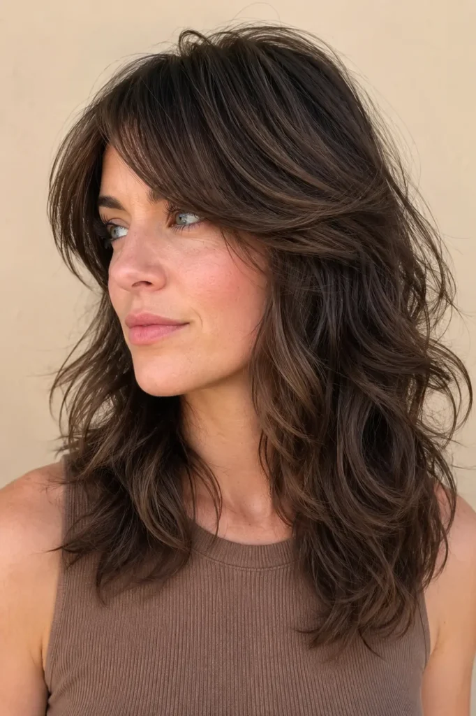 a wavy wolf cut for thin hair and side-swept bangs, featuring soft feathered layers, natural volume, and glossy shine against a neutral beige background.