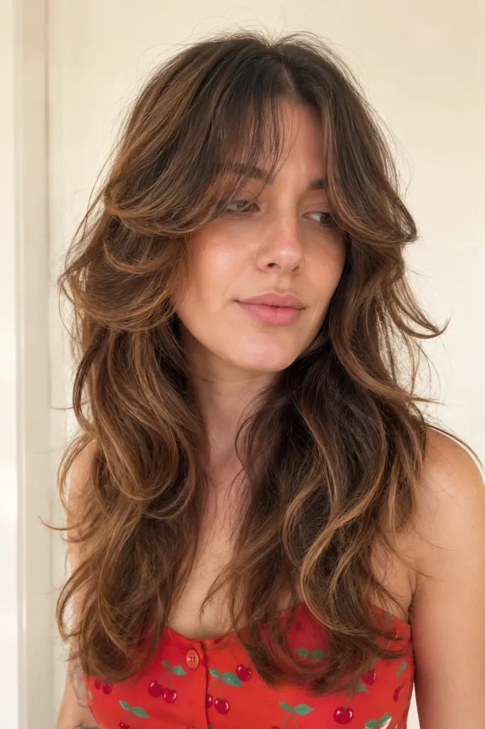 a soft wavy wolf cut and curtain bangs, featuring feathered layers, loose natural waves, and glossy healthy hair. She wears a cherry red top against a neutral cream background